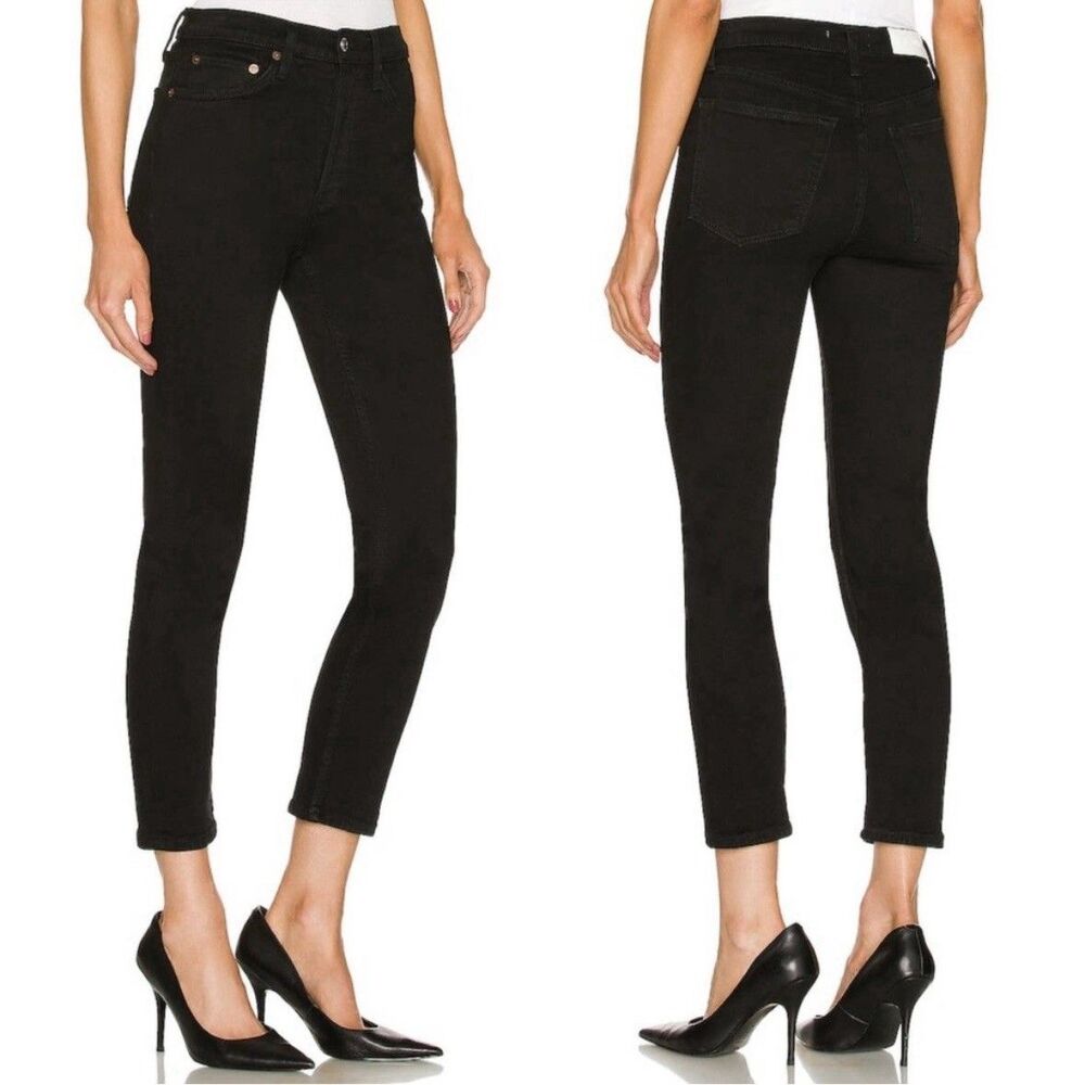 RE/DONE Originals High Rise Stretch Ankle Crop Jeans Size 25 Buttonfly Black